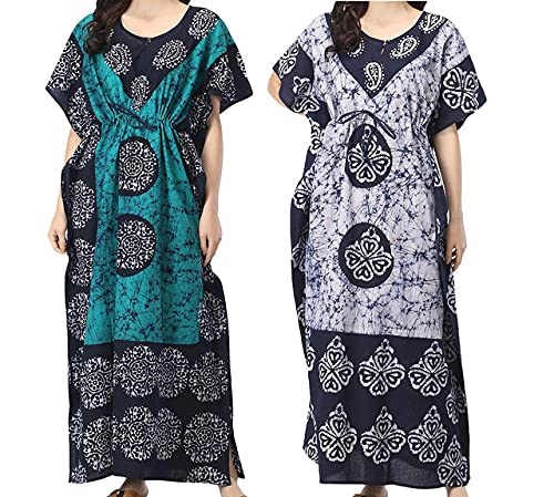 charlie crystals Charlie Women's Caftan/Kaftan Indian Combo 2 Cotton Battik Kaftan Nighty Cotton Floral Print Caftan Maxi Night Dress Gown Nighty Dori at Waist Free Size Teal Blue-White-picture-29