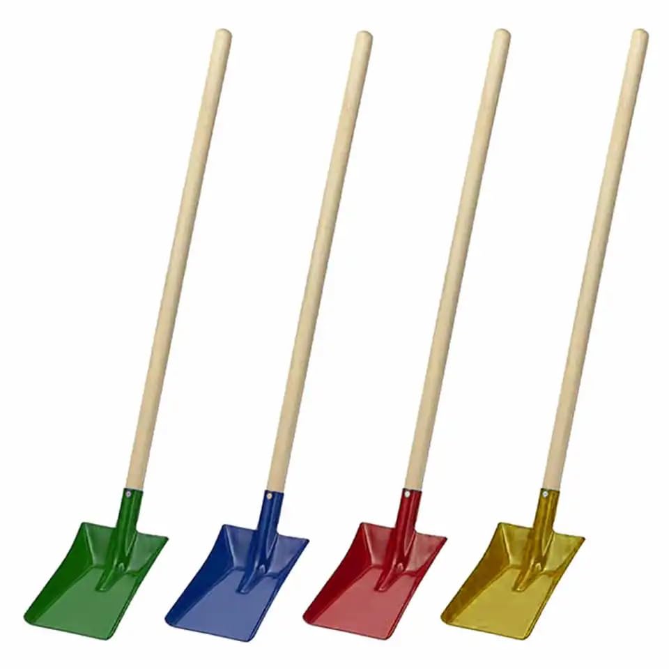 FÜNDIG Kinderschaufel 60cm Robuste Metallschaufel mit Holzstiel Ideal für Sandkasten, Garten & Strand Bunte Gartenschaufel für kleine Gärtner - kindgerechte Gartengeräte - 4-Fach sotiert