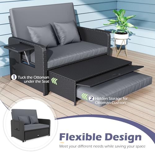 Tangkula Patio Rattan Daybed with 4-Level Adjustable Backrest, Outdoor PE Wicker Loveseat with Storage Ottoman & Folding Side Tray, Double Sunbed Lounger for Balcony, Backyard & Poolside (Grey) - 3