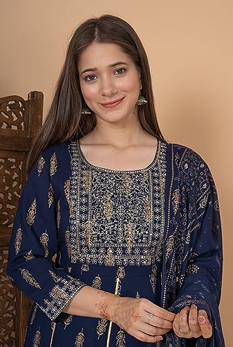 Image of MEERA FAB Women's Rayon Printed Blue Anarkali Kurta with Palazzo & Dupatta Set