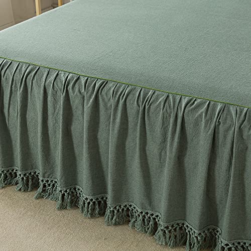 Softta Bed Skirt Queen Tassel Ruffle Bedding Bohemian Boho 100 Washed Cotton Solid Sage Green, King #TOP4