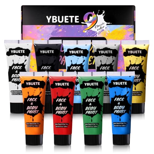 YBUETE 9 Colors Face Body Paint Set, Professional Paint Set for Halloween Cosplay Costume Party, Full-coverage Multi-Color Cream Makeup Blendable Set for Adults Halloween Cosplay SFX Makeup Paint