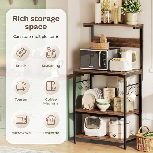 Image of 4-Tier Baker's Rack and Coffee Bar Table | Kitchen Microwave Stand with 6 S-Hooks | Storage Shelf for Spices, Pots and Pans | Rustic Brown | 60x40x125 cm