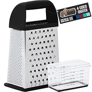 Gorilla Grip Stainless Steel Box Grater, XL Size 4 Sided with Soft Grip Handle and Slip Resistant, Dishwasher Safe Kitchen Handheld for Cheese, Parmesan, Vegetable with Detachable Container, Black