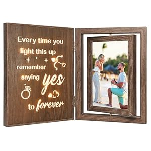 Light Up Engagement Photo Frame – Wooden Rotating Glowing 4×6 Double Picture Frame with Romantic Quote, Engagement Gifts for Couples & Women Newly Engaged