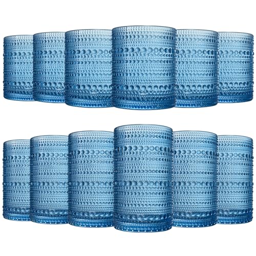 Image of Hobnail Beaded Highball Drinking Tumbler Glasses | Set of 12 | Color, Vintage Bubble Design Whiskey Glassware, Old-Fashioned, Embossed Design for Water, Wine, Cocktail Embossed Heavy Glas, Rocks Glass