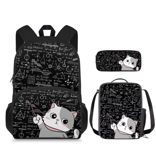 Cute Kitten Kids' Backpacks & Lunch Boxes Chalkboard Girls Bookbag with Lunch Box Girls Small Backpack for Camping Rectangle Lunch Boxes MultiPurpose Pencil Box for Kids