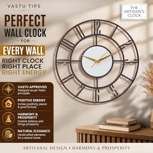 Image of Modern Mid-Century Metal Wall Clock for Living Room | Silent Sweep Movement | Large English Numeral Cut-Out Design | Gold & Black Needles | Powder-Coated Durable Frame | Antique Copper 18 Inch