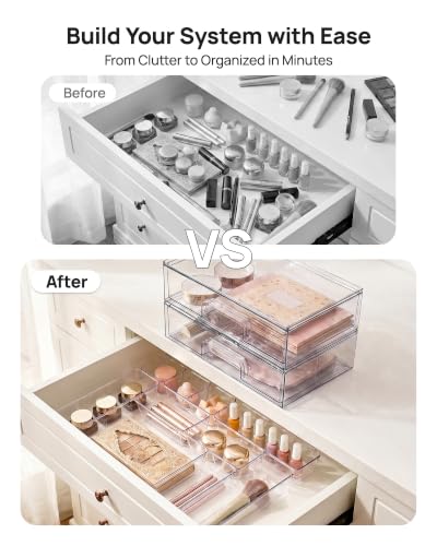 Image of Vtopmart 12-Pack Clear Makeup Organizer Set with Drawer Organizer Bins | 2 Pack Stackable Storage Drawers & 10 Pack Drawer Organizer for Vanity Cosmetic, Bathroom Countertop, Desk