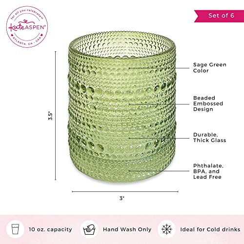 Image of Kate Aspen Sage Green Hobnail Beaded Drinking Glasses Set of 6-10 oz Vintage Glassware, Holiday Entertaining Drinkware, Water & Cocktail Glasses - Great Christmas or Hostess Gift