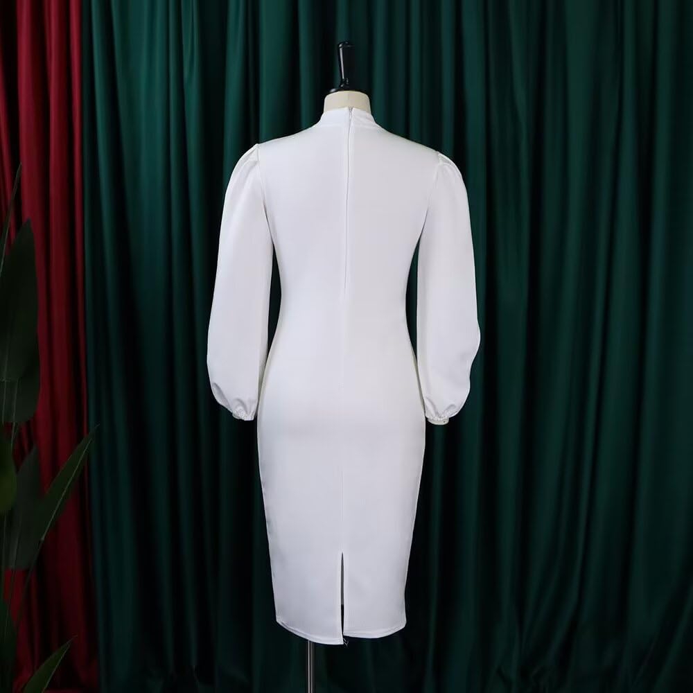 Church Dress for Women Elegant Lantern Sleeve Bowknot Neck Vintage Pencil Party Bodycon Midi Dresses,R