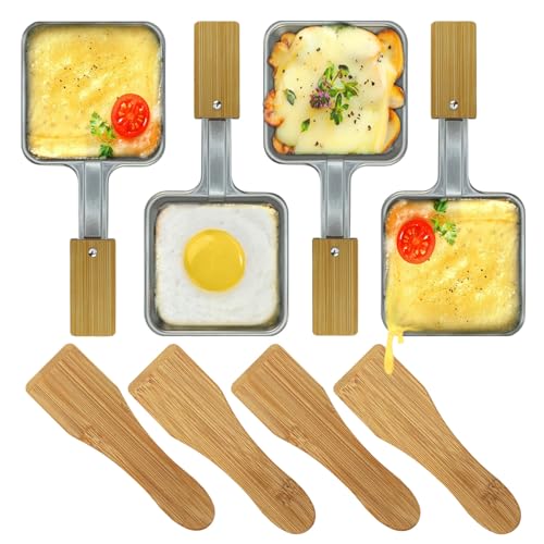 KOSMOSTA Mini parrilla de acero inoxidable para raclette, forma cuadrada, sin revestimiento, bandeja de queso, raclette, mini sartén de repuesto con espátulas de bambú (4 piezas/juego)