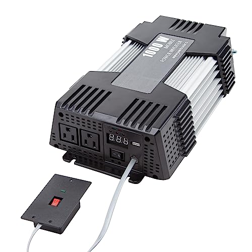 Image of Amazon Basics 1000W Car Power Inverter, 12V to AC 110V, Portable, 2 AC Outlets, USB Port, 13.81 x 7.44 x 3.07 inches