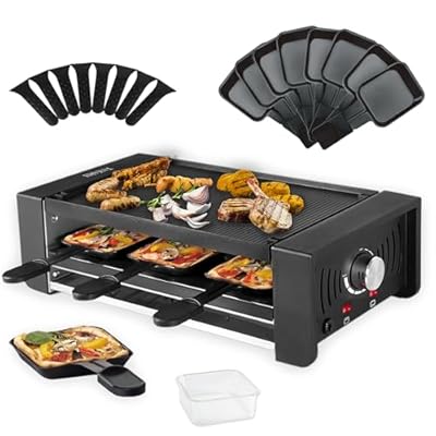 TAMARIT Raclette Party Grill Portable Indoor Electric Korean BBQ Grill 2 in 1 Raclette Table Griddle with Nonstick Coating Plate 4 Pizza Pans 8 Cheese Trays Upper and Lower Heater, PFAS-No