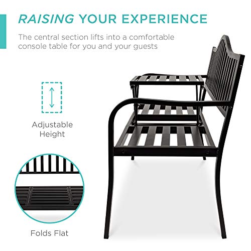 Best Choice Products Outdoor Garden Bench With Pullout Middle Table, Double Seat Steel Metal For Patio, Porch, Backyard W/Weather- Resistant Frame, 600Lb Weight Capacity - Black #TOP4