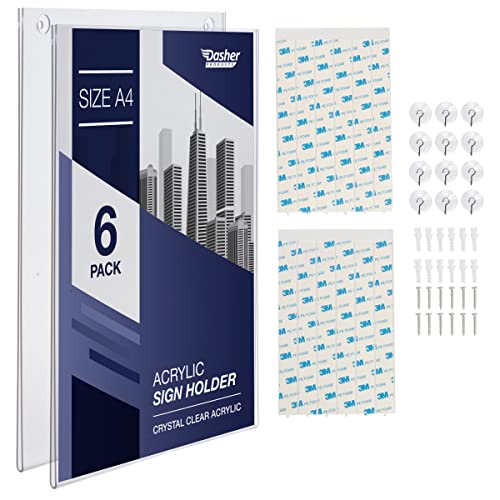 Soporte de letrero acrílico A4 - 6 Unidades, Soporte de papel de marco transparente con múltiples opciones de montaje incluidas, soporte de pared para carteles, tablero de mensajes de plástico Cover