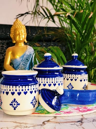 Image of Niyara Multipurpose Storage Ceramic Pickle set Jars with Lid & tray (Set of 4, 300 ml) (Blue)