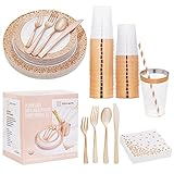 SIRSIMON 250 Piece Disposable Rose Gold Lace Plastic Dinnerware- 50 Rose Gold Lace Plastic Plates -...