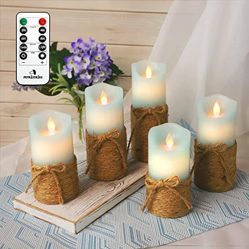 Image of Flickering Flameless Candles, Battery Candles with Remote & Timer, Blue Led Pillar Candles for Ocean Decor, Beach Decorations, Party - Set of 5