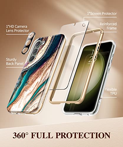 Gviewin Compatible With Samsung Galaxy S23 Case With Screen Protector + Camera Lens Protector, [21Ft Military Grade Drop Test] Full Body Protection Rugged Marble Case Cover(Drift Sand/Brown) #TOP2