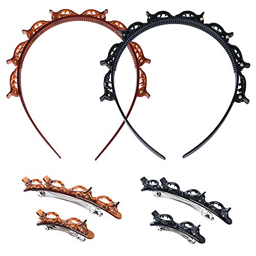 6 PCS Fashion Double Layer Twist Plait Headband Hair Tools,Multi-Layer Hollow Woven Headband,Double Bangs Hairstyle Hairpin With 8 Small Alligator Clips for Women and Men(Black+Coffee)