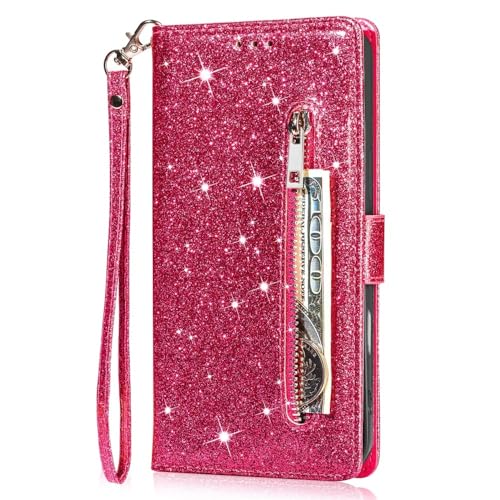 Étui iPhone 13 Mini portefeuille cuir rose anti-choc avec pochette monnaie zippée