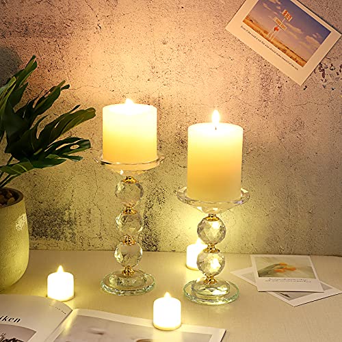 Ownmy Set Of 2 Crystal Glass Pillar Candlestick Holders Votive Candle Holder Set, Decorative Glass Tea Light Candle Holders Pillar Candle Stands Modern Candle Centerpiece For Living Room Wedding Decor #TOP1