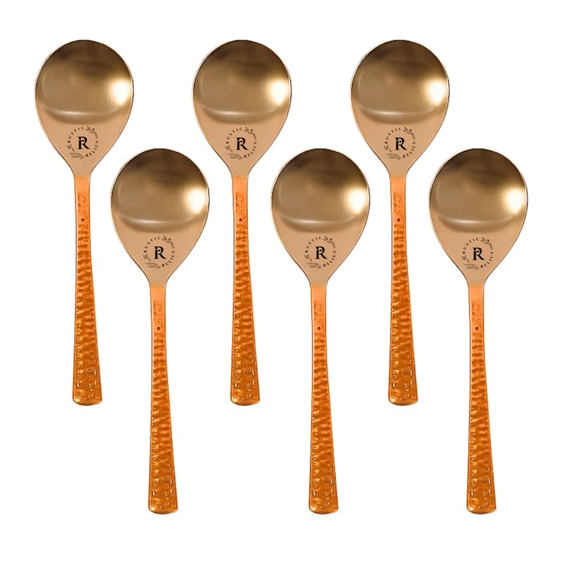 Image of Stainless Steel and Copper Made Serving Spoon Set - Pack of 6 | Metal Kitchen Dining and Cutlery | Steel and Copper Metalic Finish | A Touch of Elegance to Your Dining and Serving