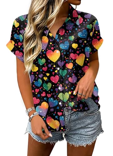 NQIQO Pride Month Shirt for Women Rainbow Heart Tshirt LGBT Pride Party Button Down Tee Gifts Black XL
