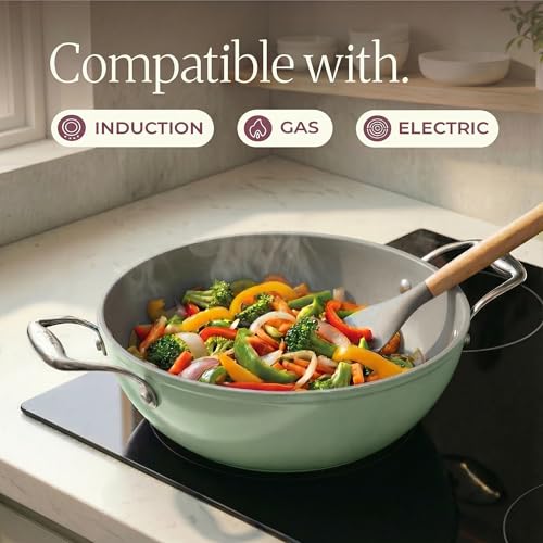 Image of Asai Ceramic Non Stick Kadai 26cm (3.5L) with Glass Lid & Spatula | Green | Swiss Ceramic Coating | Gas & Induction Compatible | Stay-Cool Handles | Lab-Tested | 100% Toxin Free | Silicone Spatula