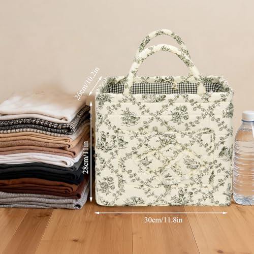 Image of Quilted Fabric Basket Foldable Car Storage Boho Floral Laundry Basket Hamper for Nursery Bedroom & Living Room | Organize Clothes Toys