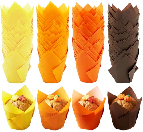 Image of 200PCS Tulip Cupcake Muffin Liners Greaseproof Paper Baking Cups Cupcake Wrappers for Thanksgiving Birthday Wedding Fall Party Baby Showers Catering (Golden Yellow /Light Orange /Orange /Brown)