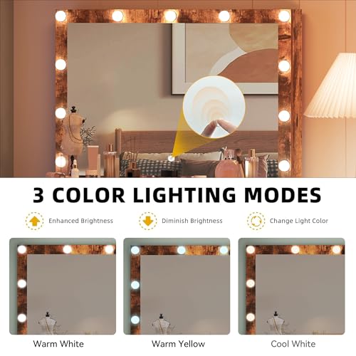DWVO Vanity Desk with Stool, 4 Drawers, Lighted Makeup Desk with Large Mirror, 3 Color Modes, Outlets & USB Ports