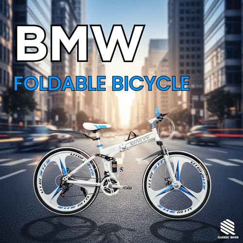 Image of QUESEC BWM Folding Gear Cycle for Adults 26 Inch 21 Speed Mountain Bike with Dual Suspension, Dual Disc Brake, Alloy Wheels, Foldable Bicycle for Boys Girls Daily Commute Fitness Ride - White