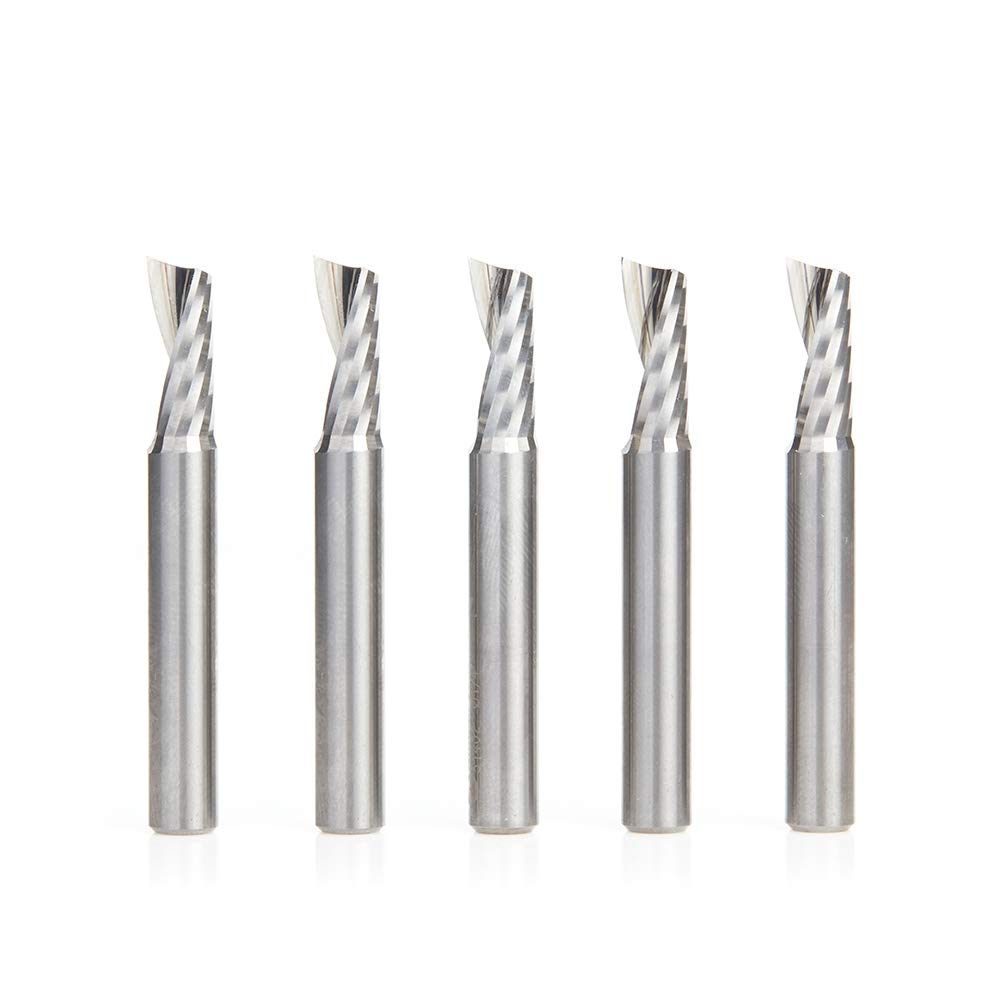 Amana Tool 51402-5 5-Pack CNC SC Spiral O Single Flute Aluminum Cutting 1/4 D x 5/8 CH x 1/4 SHK x 2 Inch Long Up-Cut Router Bits withMirror Finish