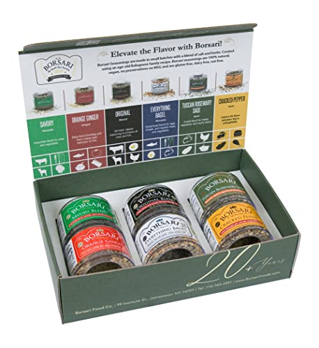 Borsari Seasoned Salt Gift Set – Original, Savory, Cracked Pepper, Tuscan Rosemary Sage, Orange Ginger, Everything Bagel – Gluten Free Gourmet Sea Salt Blends – Set of 6, 3-4oz Shaker Bottles Borsari Seasoned Salt Gift Set – Original, Savory, Cracked Pepper, Tuscan Rosemary Sage, Orange Ginger, Everything Bagel – Gluten Free Gourmet Sea Salt Blends – Set of 6, 3-4oz Shaker Bottles