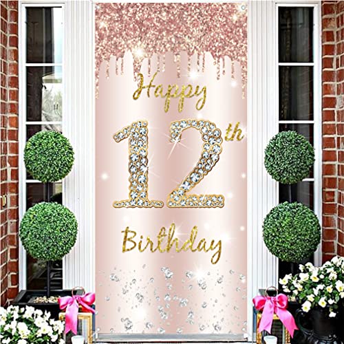 12th Birthday Decoration for Girls, Happy 12th Birthday Backdrop Banner Rosegold Fabric Sign Poster, Girl 12th Birthday Door Banner Party Welcome Sign
