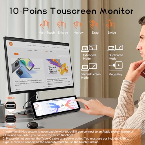 Image of AISHICHEN Mini Monitor for PC, Upgraded 8.8 Inch Small Touchscreen Monitor 1920x480 Stretched Bar Monitor, Sensor Panel Temperature LCD Display, IPS USB Mini Screen for RPi, AIDA64 ARGB Computer Case