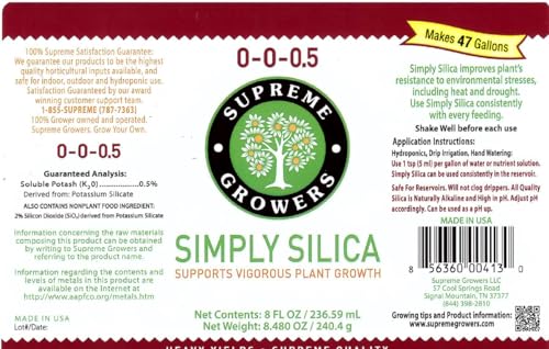Simply Silica 8oz Concentrate Makes 47 Gallons by Supreme Growers Potassium Silicate Liquid Fertilizer Promotes Growth of Strong Plant Tissues Improves Natural Resistance to Environmental Stresses