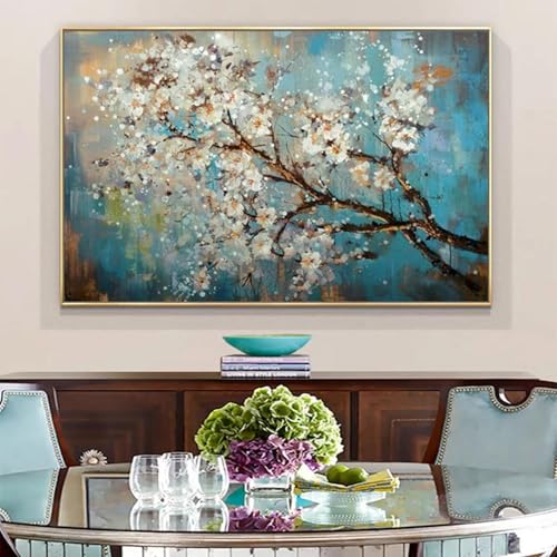 Peinture à l'huile fleurs bleues sur toile 100x163 cm avec cadre doré