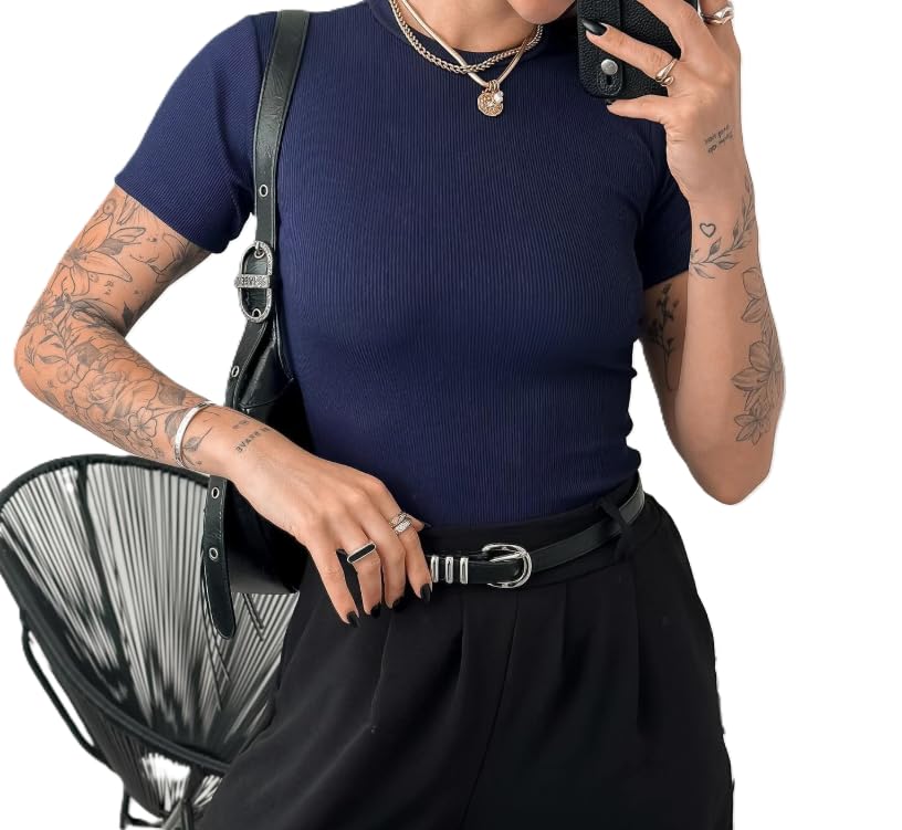 Blusa Manga Curta Canelada Algodão (BR, Alfa, G, Regular, Azul MARINHO)