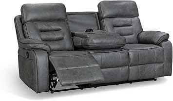 Grey Faux Leather 3 Seater Recliner Sofa with Drop Table - Leather Reclining Sofa with Cup Holders & Charging Hub USB A-C Phone & Tablet | Lazy Boy Couch for Living Room, Gaming & Elderly | VENETIAN