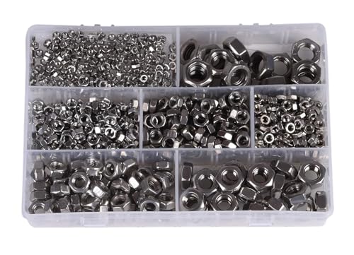 Image of Stainless Steel 202 Grade Hexagonal Nuts 7 Sizes M3, M4, M5, M6, M8, M10, M12 Assortment Pack of 740 Pcs with Storage Box