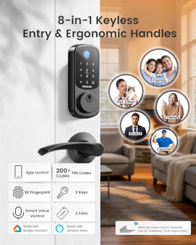 Image of DESLOC B200 Fingerprint Smart Lock with 2 Lever Handles, Keyless Entry Front Door Lock Set, Electronic Keypad Deadbolt, App Control, Auto Lock, Long Battery Life,Matte Black
