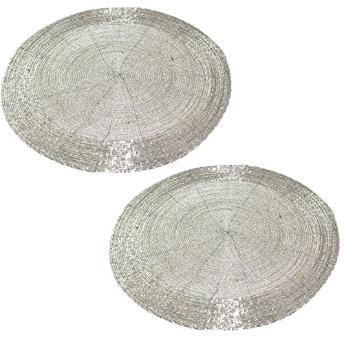 Prisha India Craft ® Set Of 2 Handmade Silver Beaded Round Ethnic Placemat / Tablemat Decorative Placemat - Large Coaster Perfect For Dinner Table ( Dia - 12") #TOP11