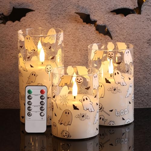 Image of White Ghost Halloween Flameless Pillar Candles with Remote Set of 3 | Flickering LED Candles in Glass Jars, 2 AA Battery Power, Holiday Home Table Shelf Decor & Gift