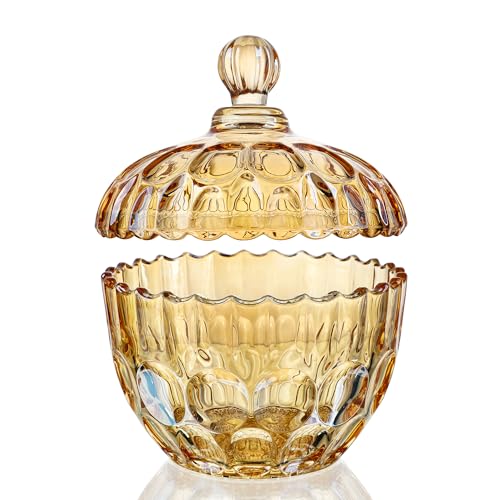 kanpura Amber Glass Candy Dish with Lid Candy Jar with Lid 34 oz Vintage Cookie Jar for Office Desk Coffee Table Decorative Buffet Glass Canister