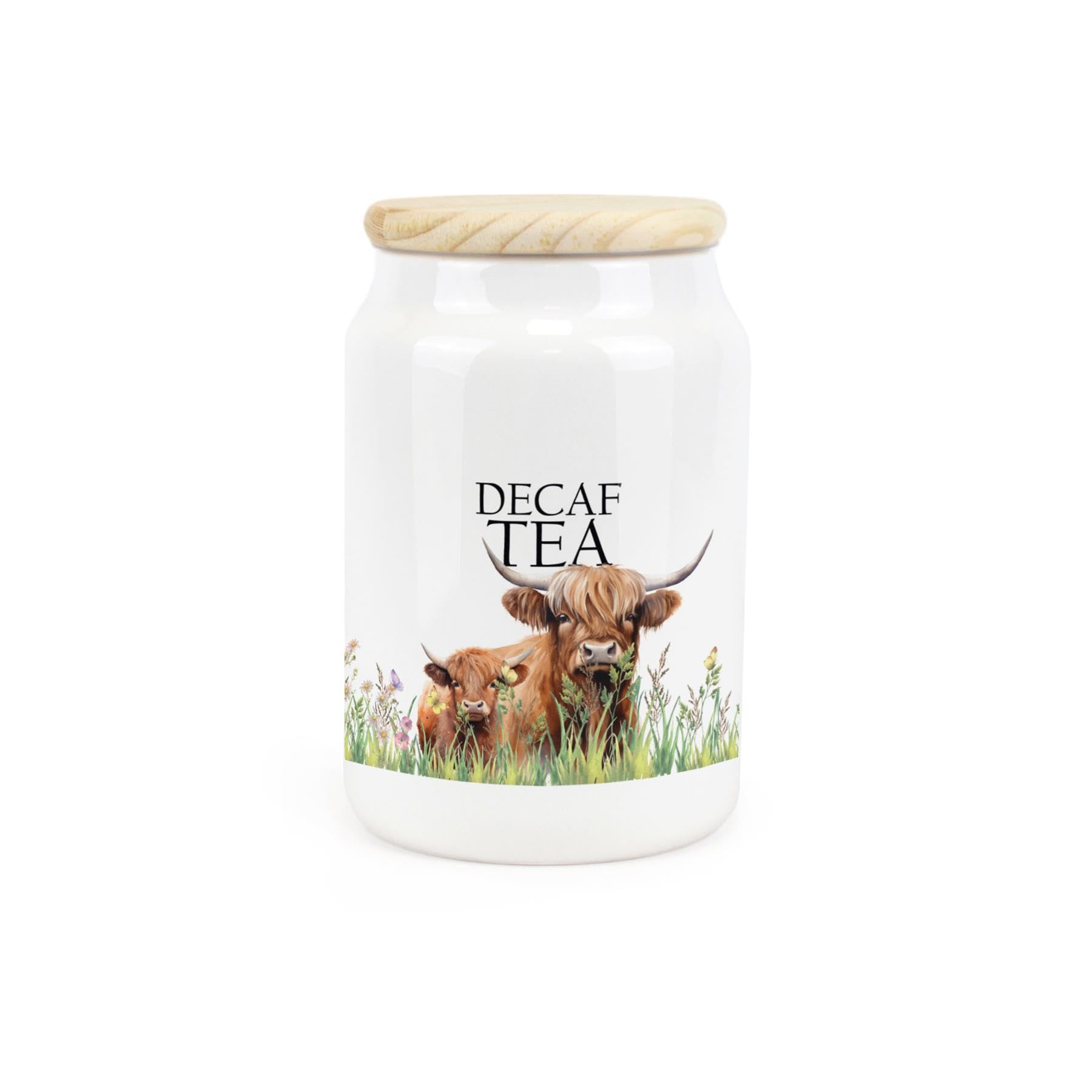 Purely Home Highland Cow Ceramic Decaf Tea Storage Canister - Mum & Calf Farmyard Kitchen Food Storage Container & Wooden Lid 600ml (14.5cm x 9.5cm)