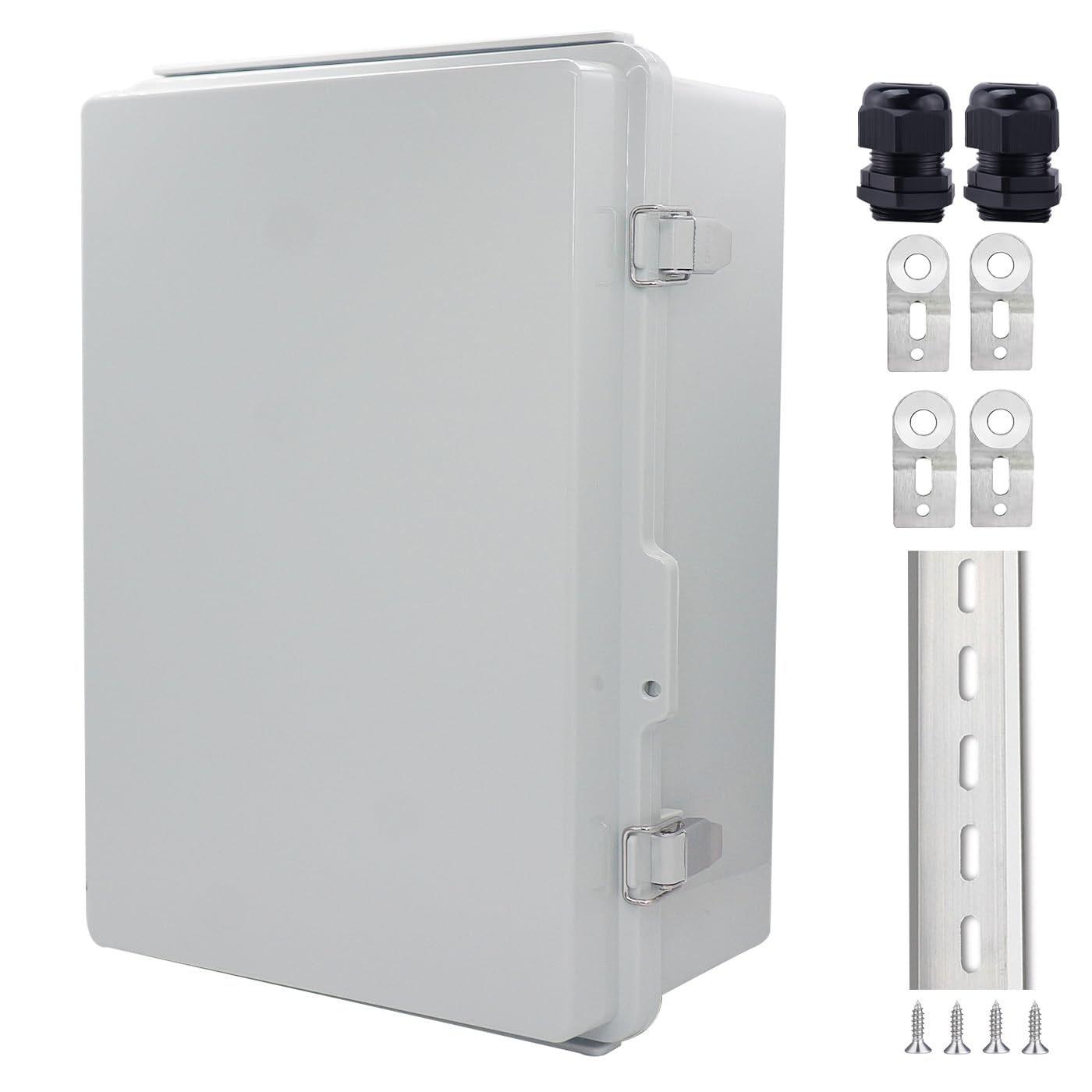 IP67 Waterproof Junction Box, ABS Plastic Electrical Enclosure with Stainless Steel Latch, Hinged Cover Electric Box with Mounting Plate, Wall Brackets & Cable Glands 350x250x150