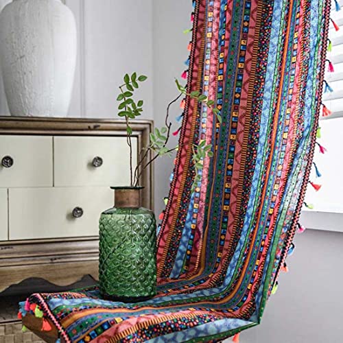 Jaijy Boho Bright Colored Colorful Geometric Striped Kitchen Window Curtain With Colorful Tassels, Rod Pocket Patchwork Textured Retro Window Curtains Panel For Bedroom Living Room, 1 Panel, 59" X 72" #TOP2